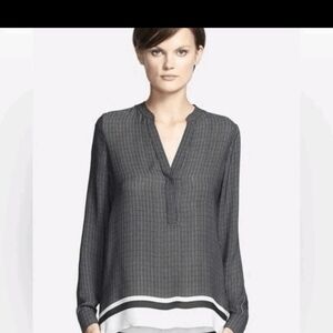 VINCE Silk Blouse Black/Cream Georgette V-Neck Blouse, Med, NWOT!